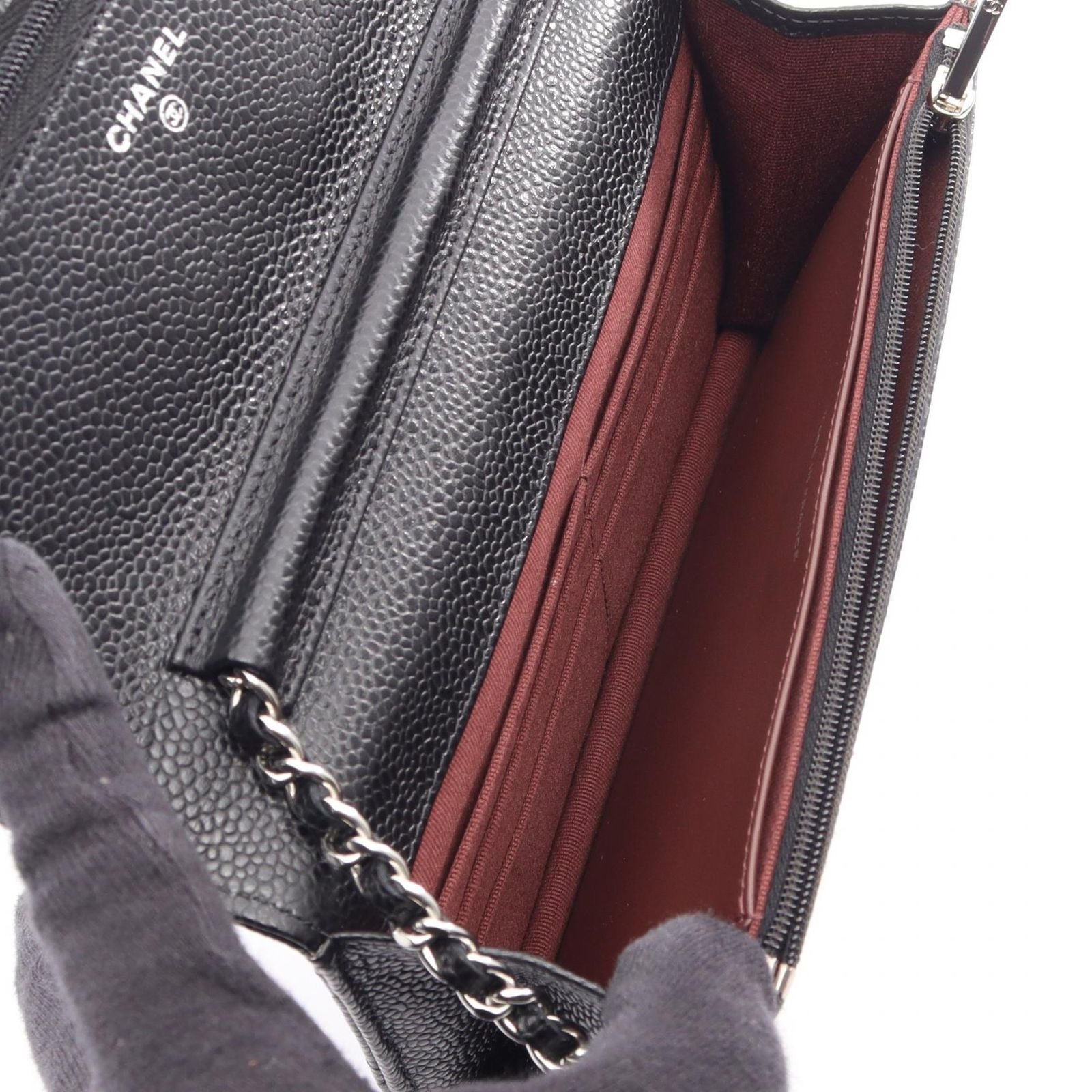 Chanel Shoulder Bag Quilted Black Caviar Leather Chain Wallet — view 3