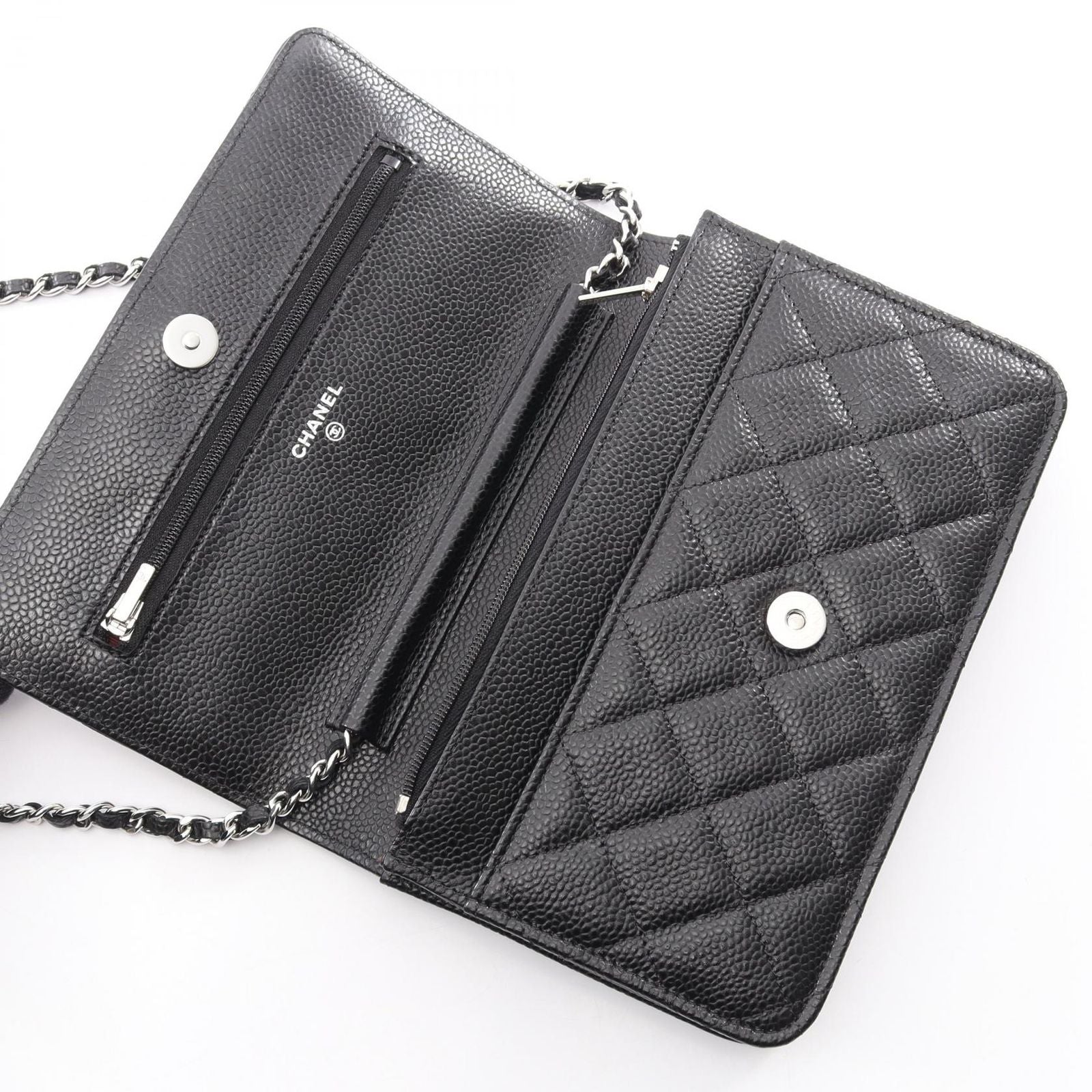 Chanel Shoulder Bag Quilted Black Caviar Leather Chain Wallet — view 6