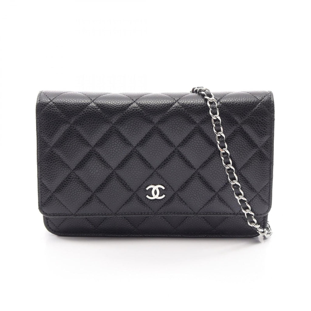 Chanel Shoulder Bag Quilted Black Caviar Leather Chain Wallet