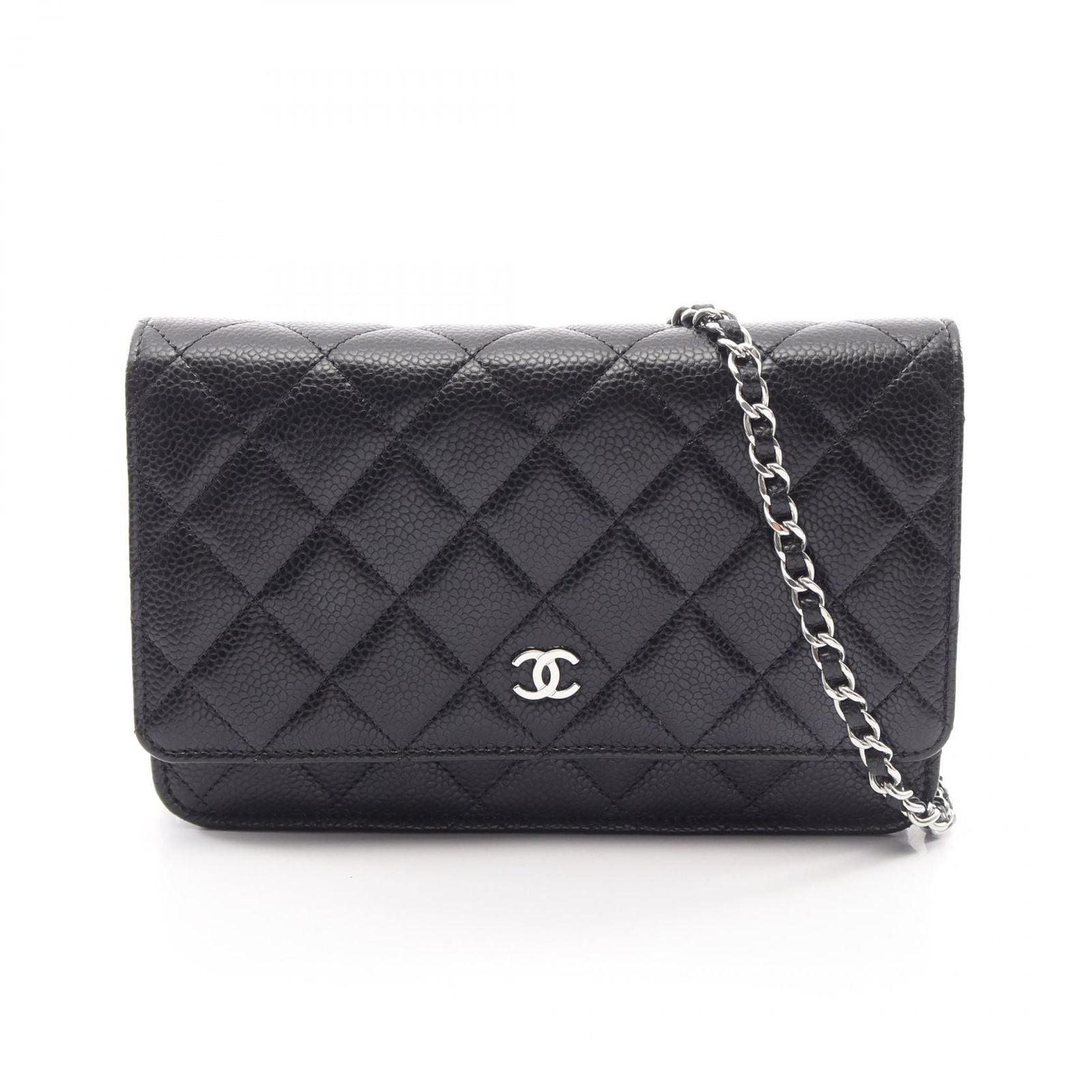 Chanel Shoulder Bag Quilted Black Caviar Leather Chain Wallet