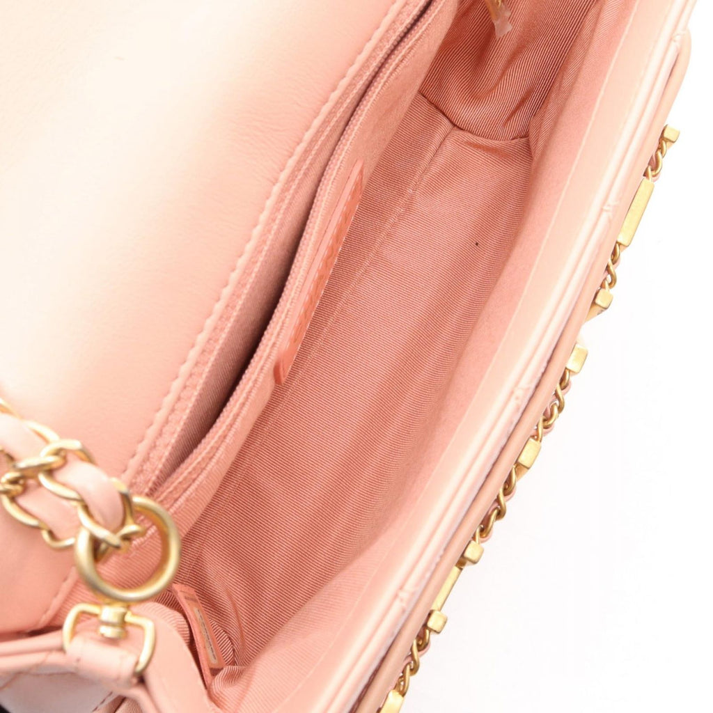 Chanel Shoulder Bag Quilted Logo Pink Lambskin Chain — view 3