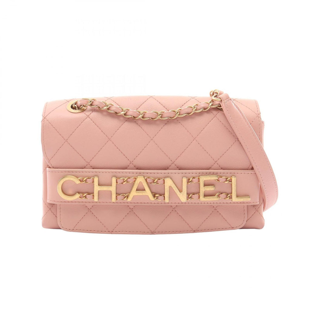Chanel Shoulder Bag Quilted Logo Pink Lambskin Chain