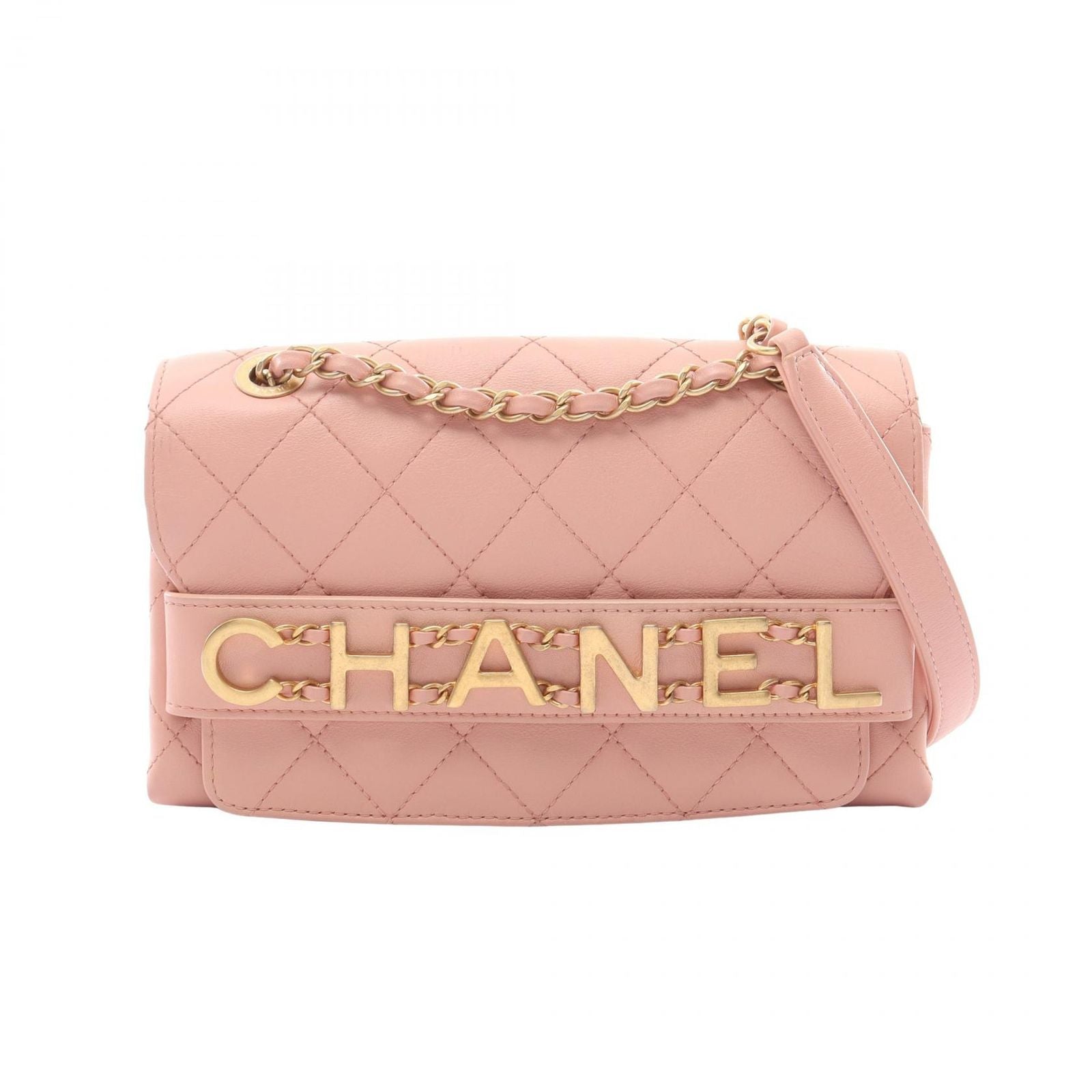 Chanel Shoulder Bag Quilted Logo Pink Lambskin Chain