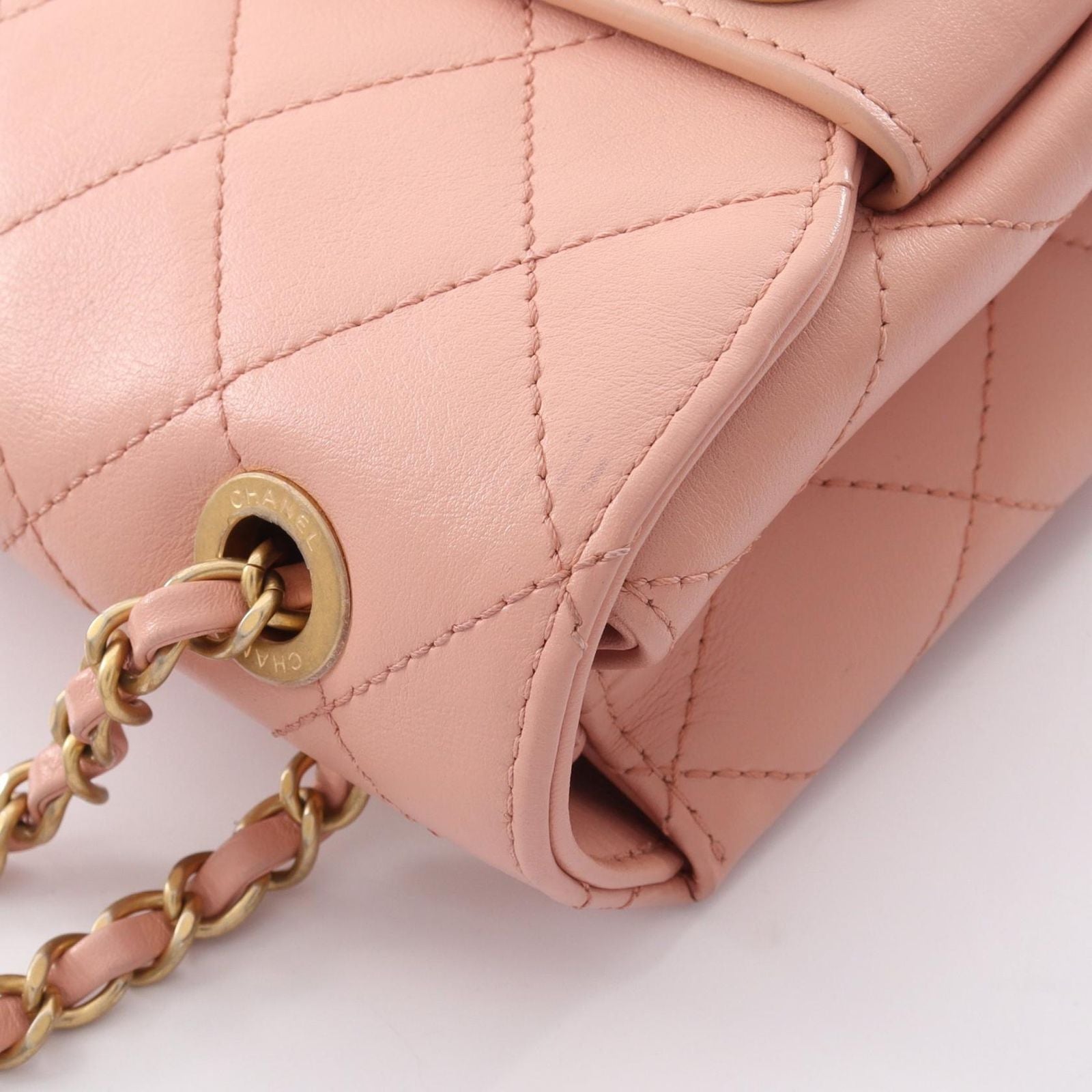 Chanel Shoulder Bag Quilted Logo Pink Lambskin Chain — view 8