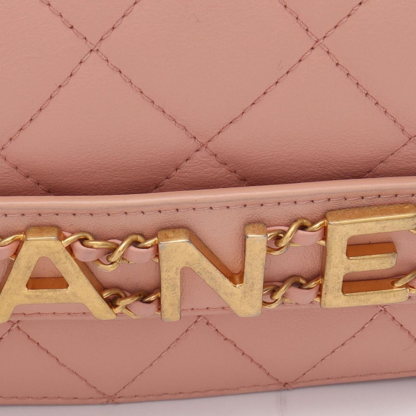Chanel Shoulder Bag Quilted Logo Pink Lambskin Chain — view 7