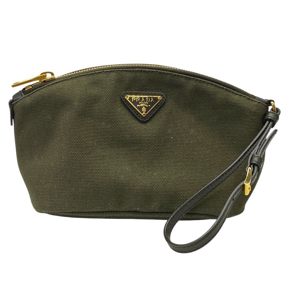 Prada Wristlet Pouch Triangle Logo Makeup Container Canvas Khaki Gold Lightweigh