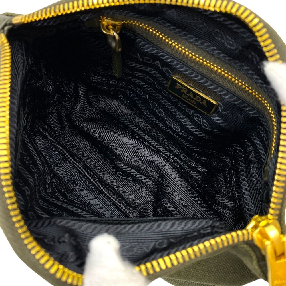Prada Wristlet Pouch Triangle Logo Makeup Container Canvas Khaki Gold Lightweigh — view 7
