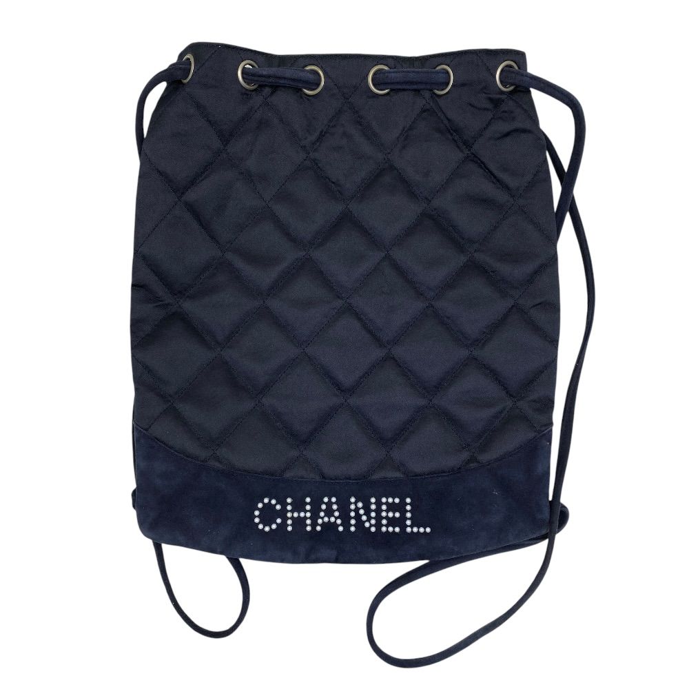 Chanel Quilted Backpack Nap Pearl Logo Satin Leather Navy Lightweight Capacity