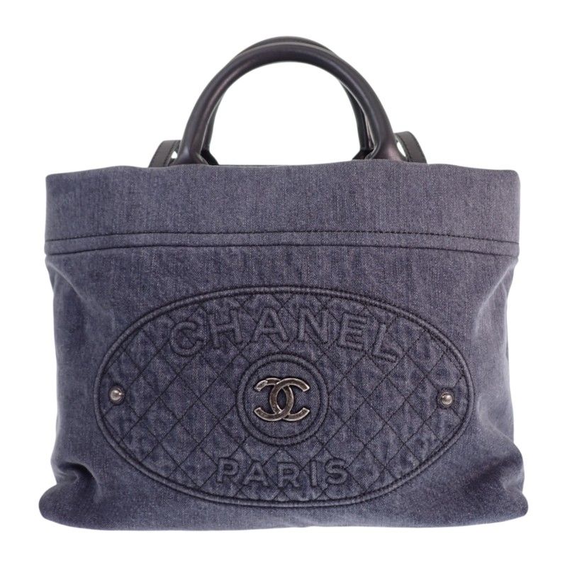Chanel CC Logo Quilted Tote Bag Denim Leather Black Silver — view 2
