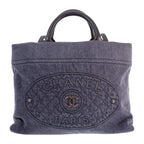 Chanel CC Logo Quilted Tote Bag Denim Leather Black Silver — view 2