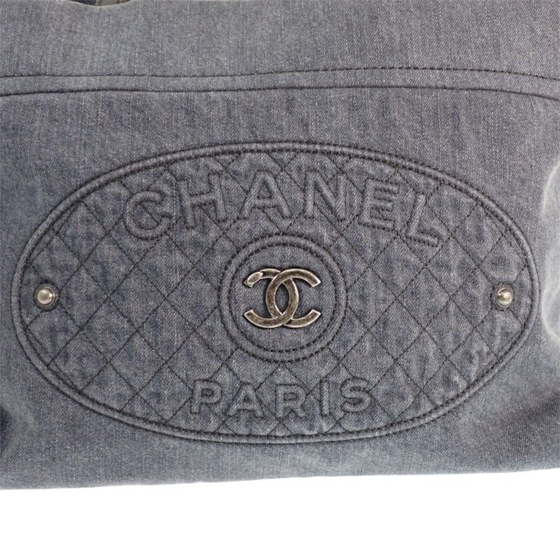 Chanel CC Logo Quilted Tote Bag Denim Leather Black Silver — view 8