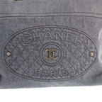 Chanel CC Logo Quilted Tote Bag Denim Leather Black Silver — view 8