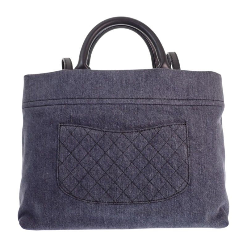 Chanel CC Logo Quilted Tote Bag Denim Leather Black Silver — view 3