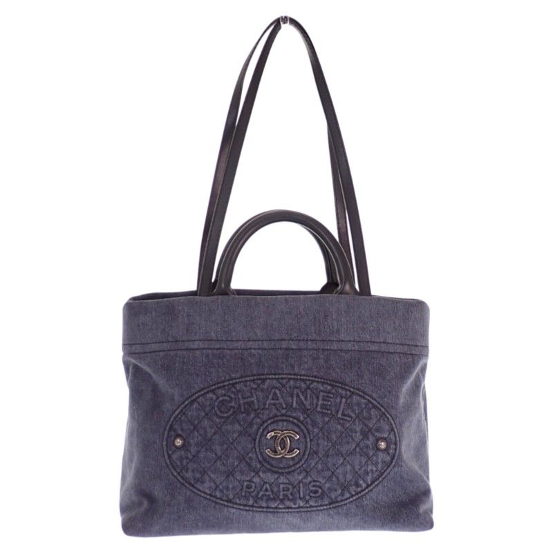 Chanel CC Logo Quilted Tote Bag Denim Leather Black Silver — view 7