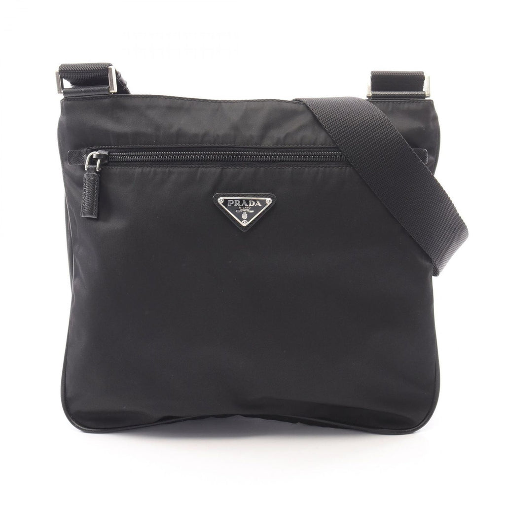 Prada Shoulder Bag Tessuto Saffiano Black Nylon Leather Triangle Logo