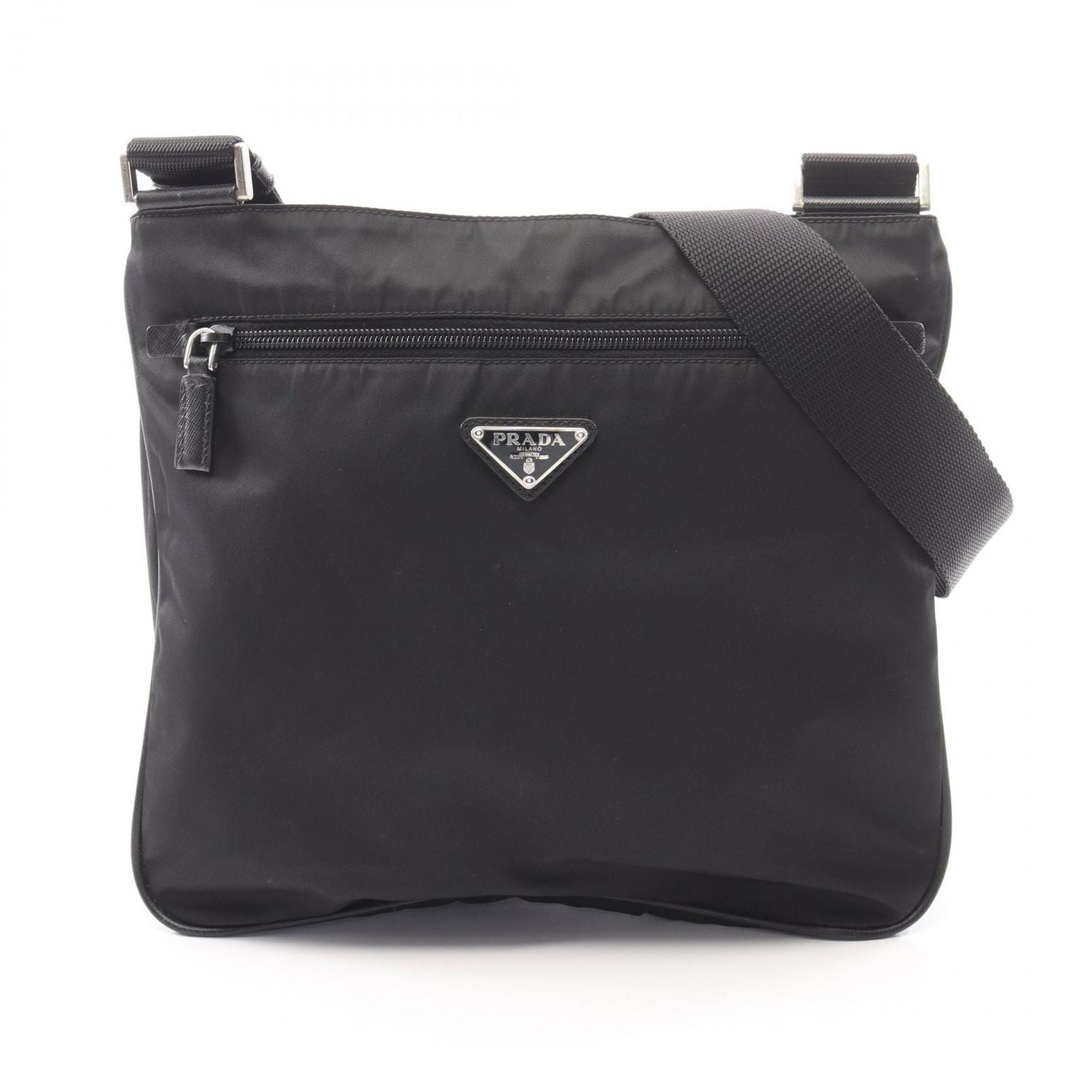 Prada Shoulder Bag Tessuto Saffiano Black Nylon Leather Triangle Logo