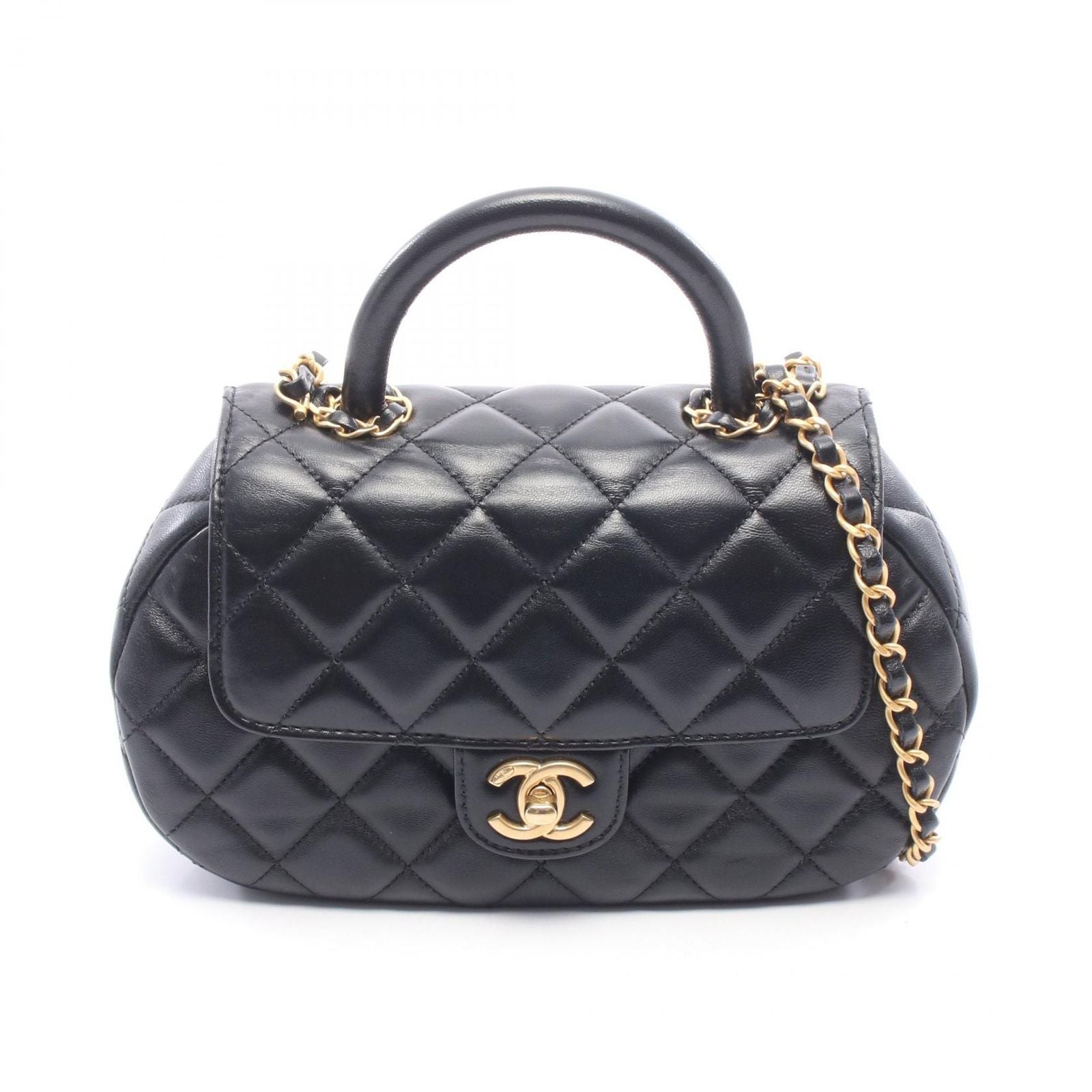 Chanel Shoulder Bag Quilted Top Handle Black Lambskin Top 2-Way Chain