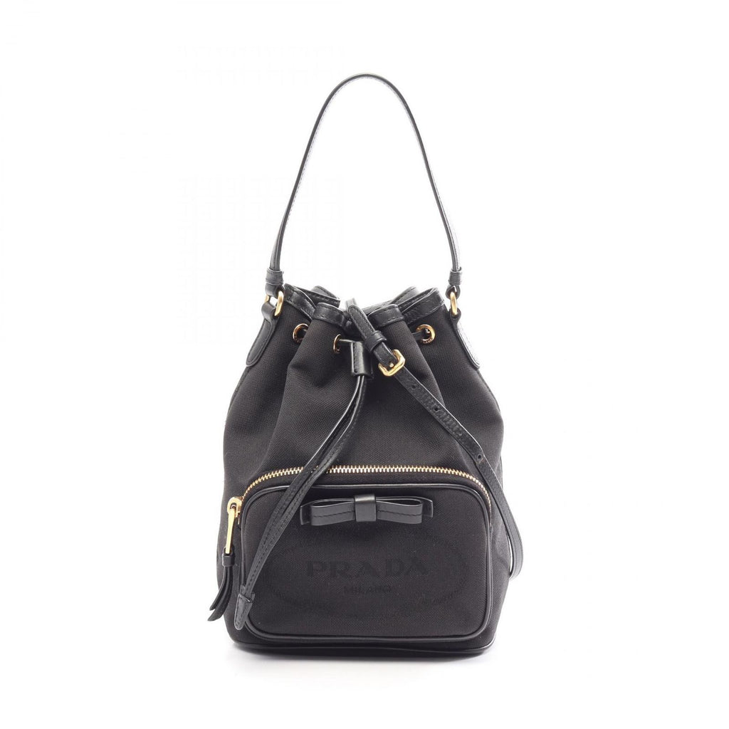 Prada Handbag Logo Jacquard Ribbon Drawstring 2-Way Black Canvas Leather Motif