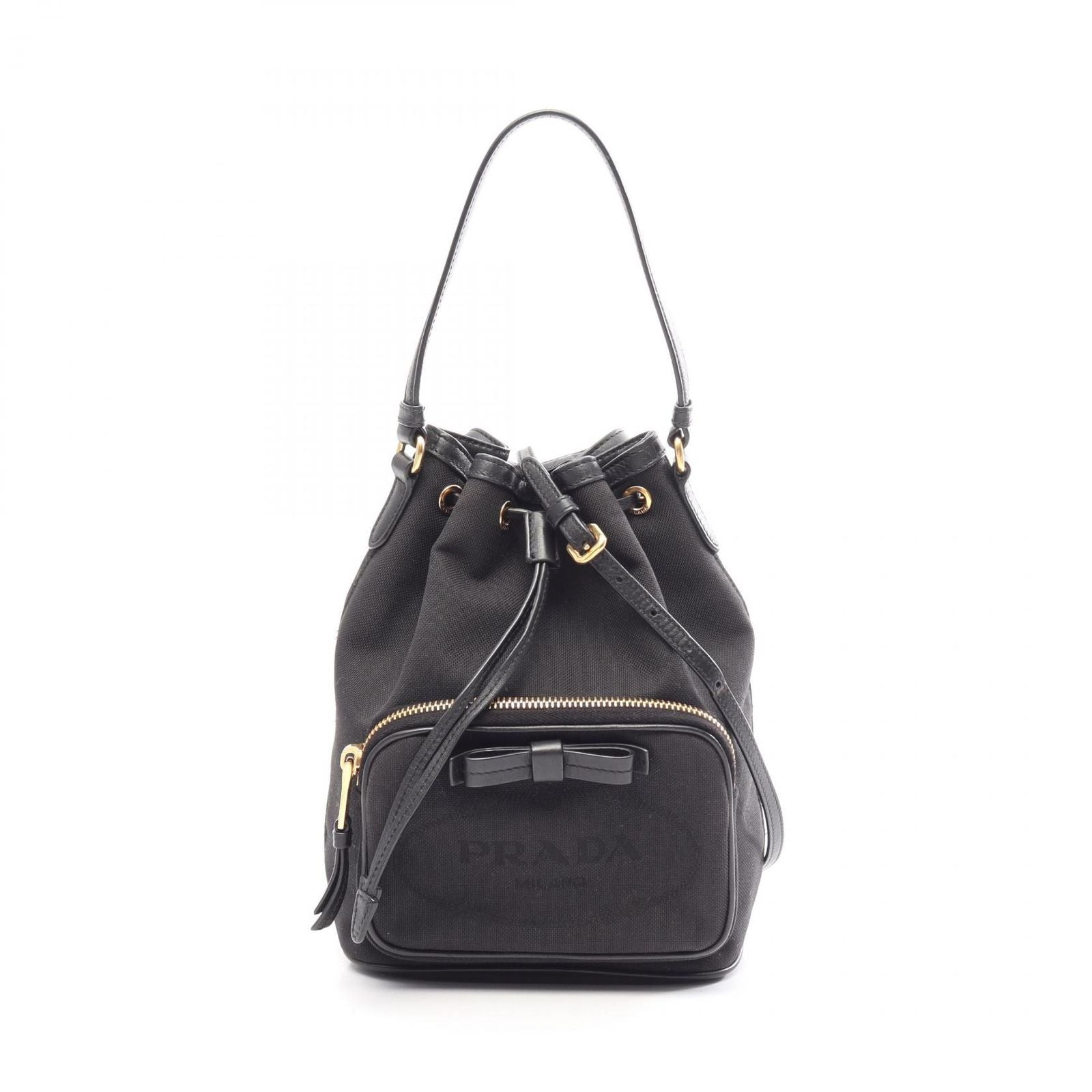 Prada Handbag Logo Jacquard Ribbon Drawstring 2-Way Black Canvas Leather Motif