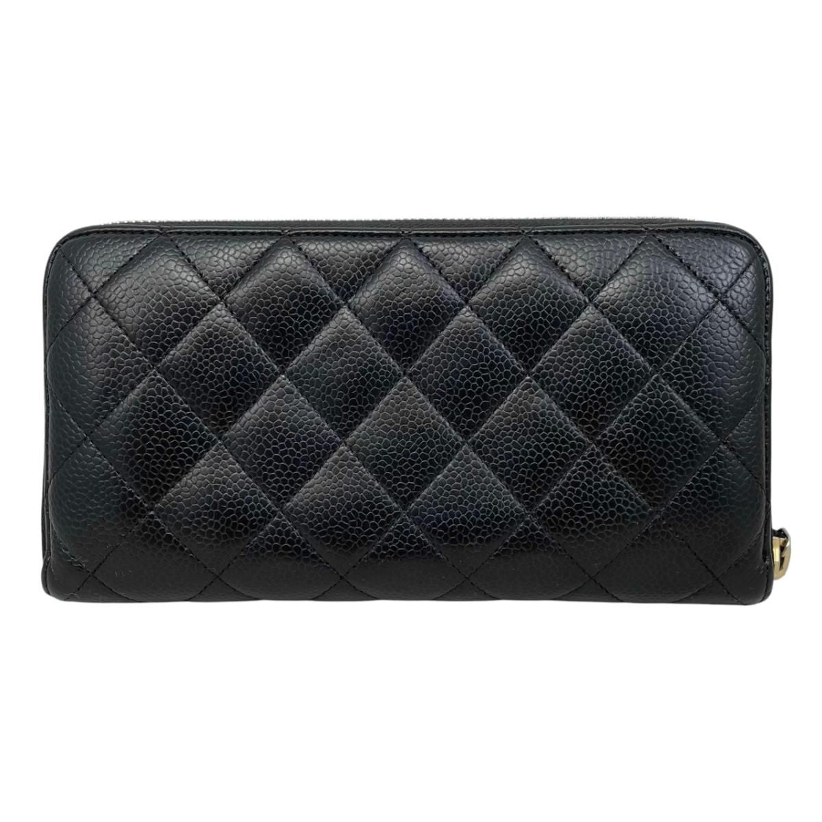 Chanel Wallet Classic Long Zip Quilted Caviar Leather CC Logo Black Gold — view 2