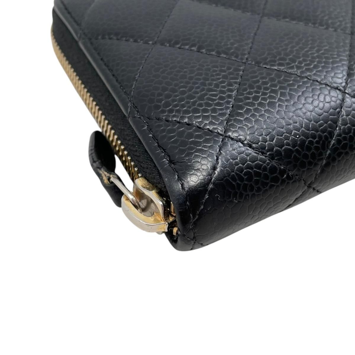 Chanel Wallet Classic Long Zip Quilted Caviar Leather CC Logo Black Gold — view 3
