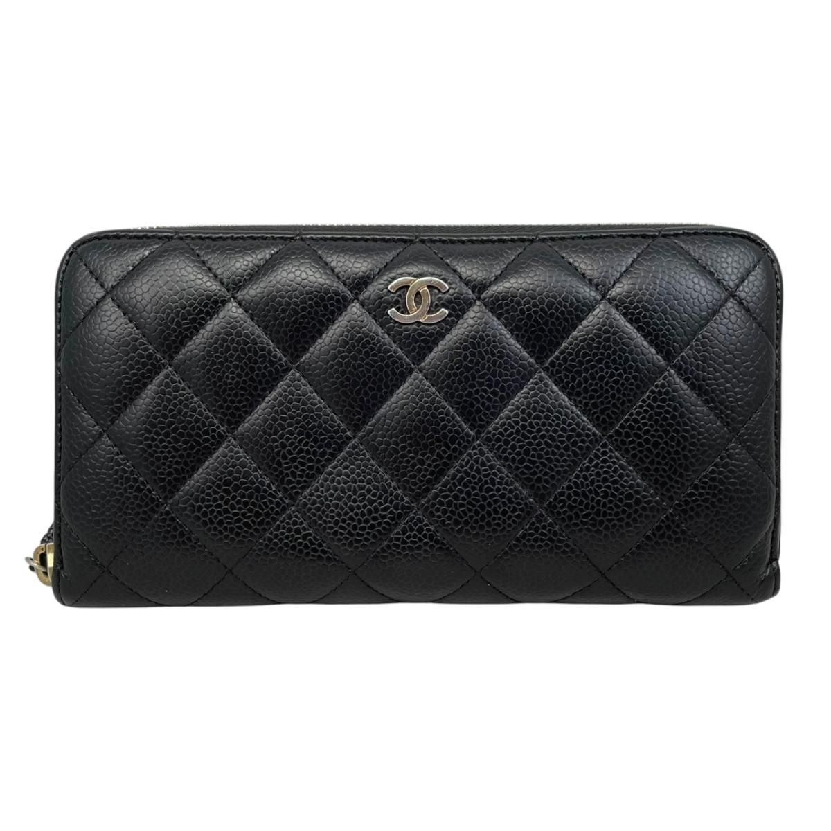 Chanel Wallet Classic Long Zip Quilted Caviar Leather CC Logo Black Gold