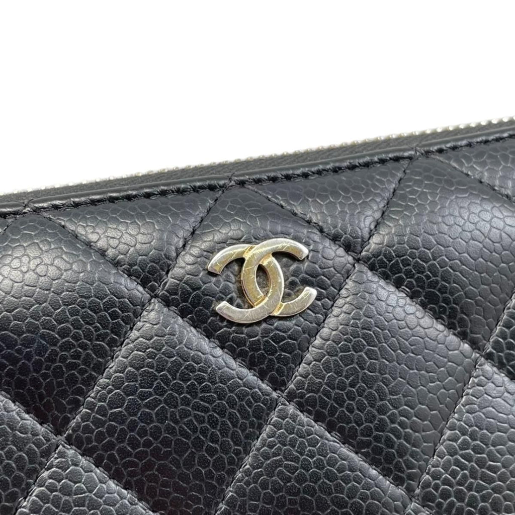 Chanel Wallet Classic Long Zip Quilted Caviar Leather CC Logo Black Gold — view 5