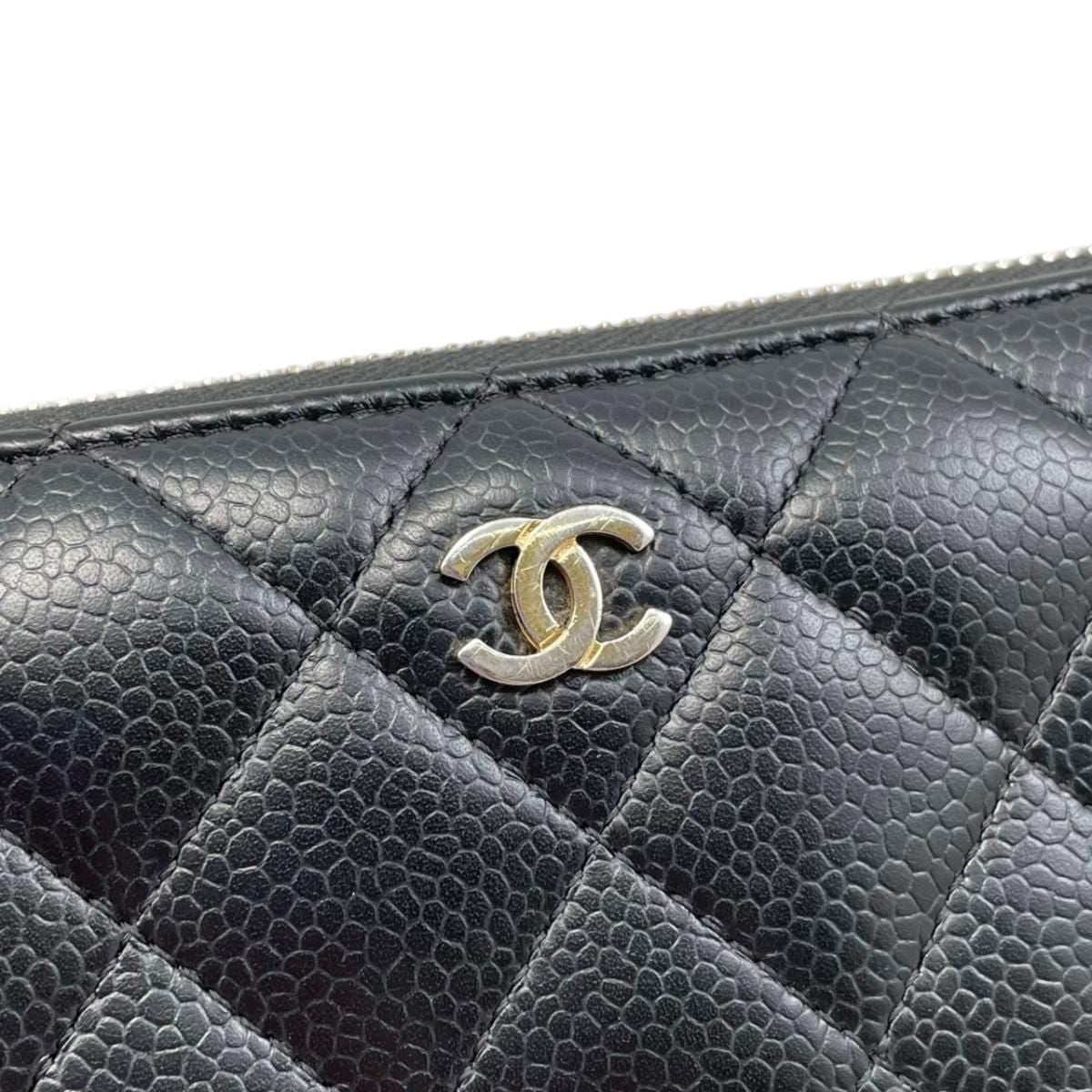 Chanel Wallet Classic Long Zip Quilted Caviar Leather CC Logo Black Gold — view 5