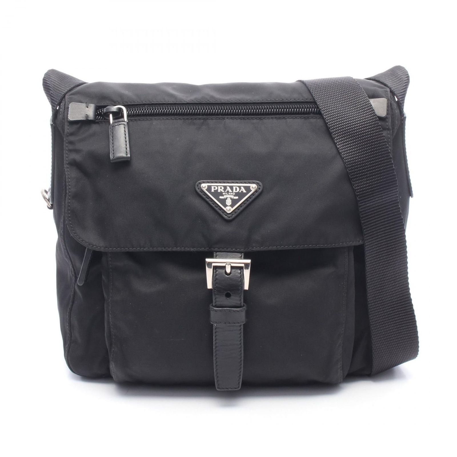 Prada Shoulder Bag Triangle Logo Bag Black Nylon Leather