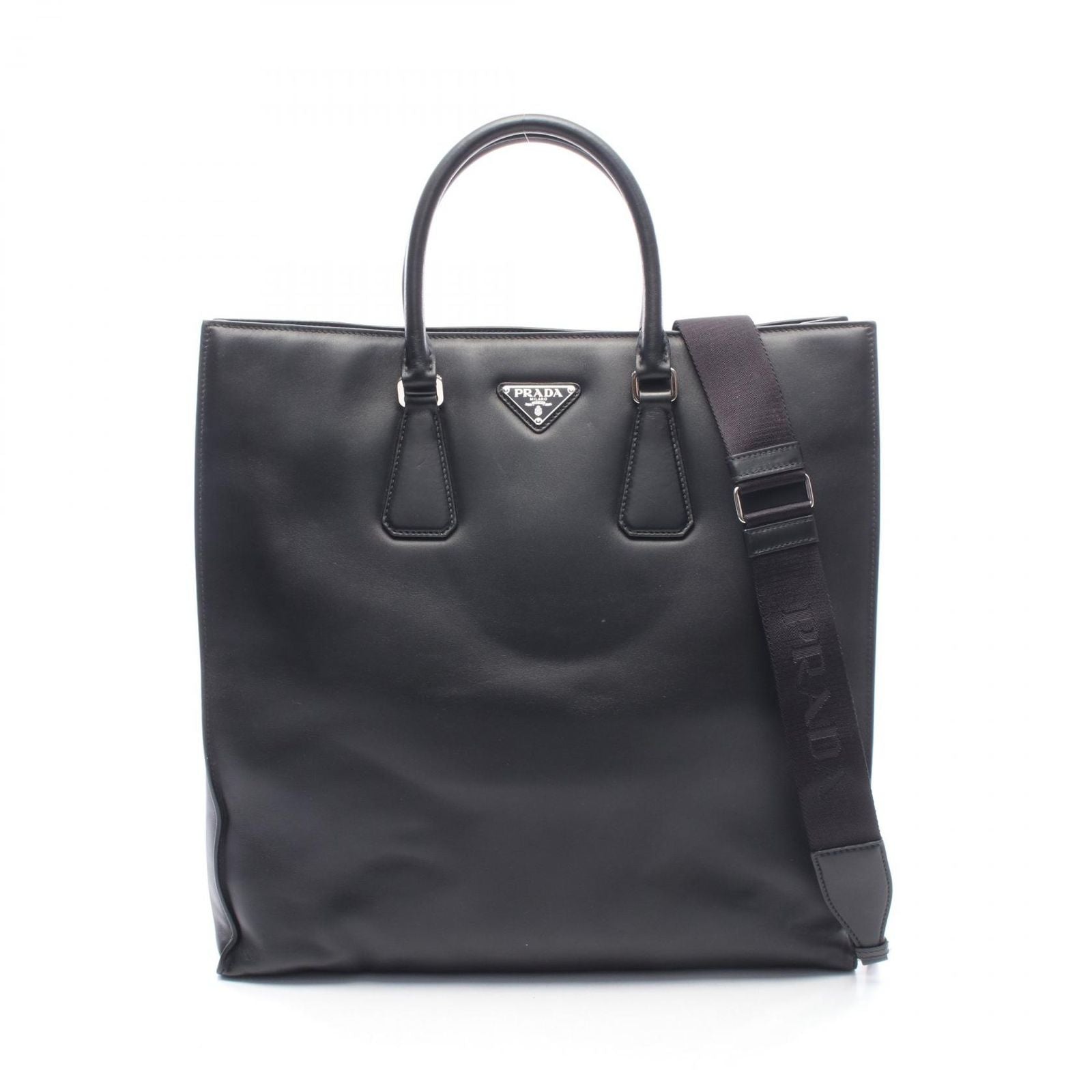 Prada Tote Bag Shopping 2-Way Black Leather Triangle Logo