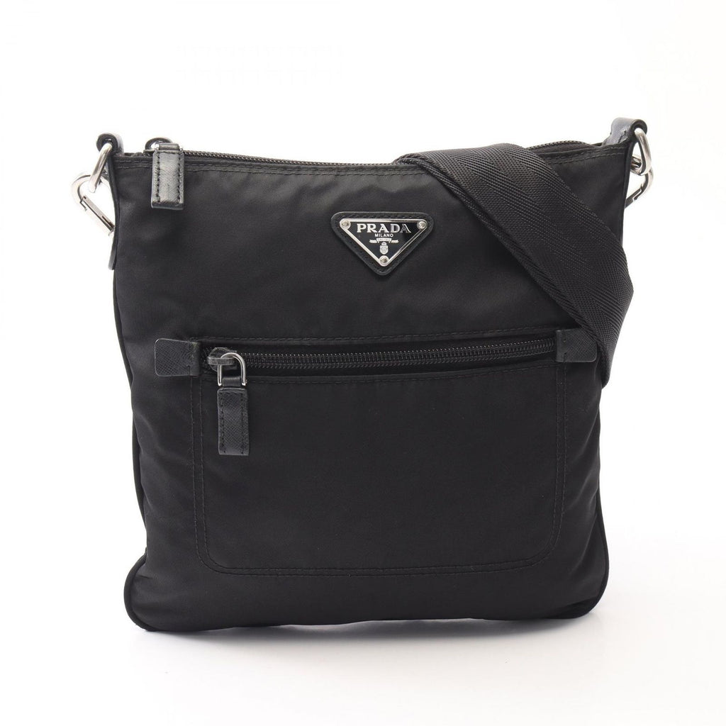 Prada Shoulder Bag Triangle Logo Black Nylon Saffiano Leather