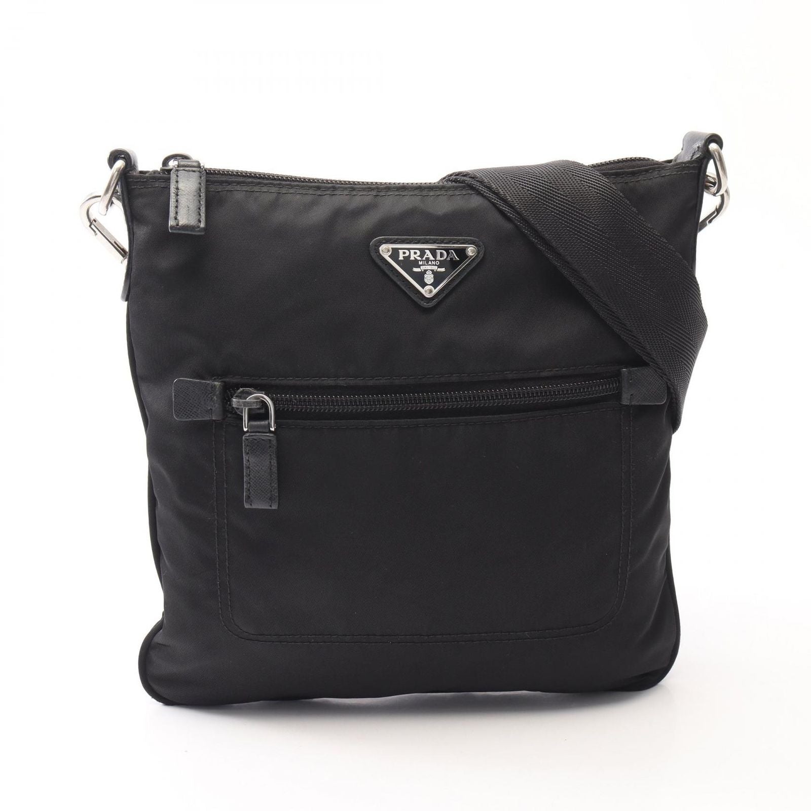 Prada Shoulder Bag Triangle Logo Black Nylon Saffiano Leather
