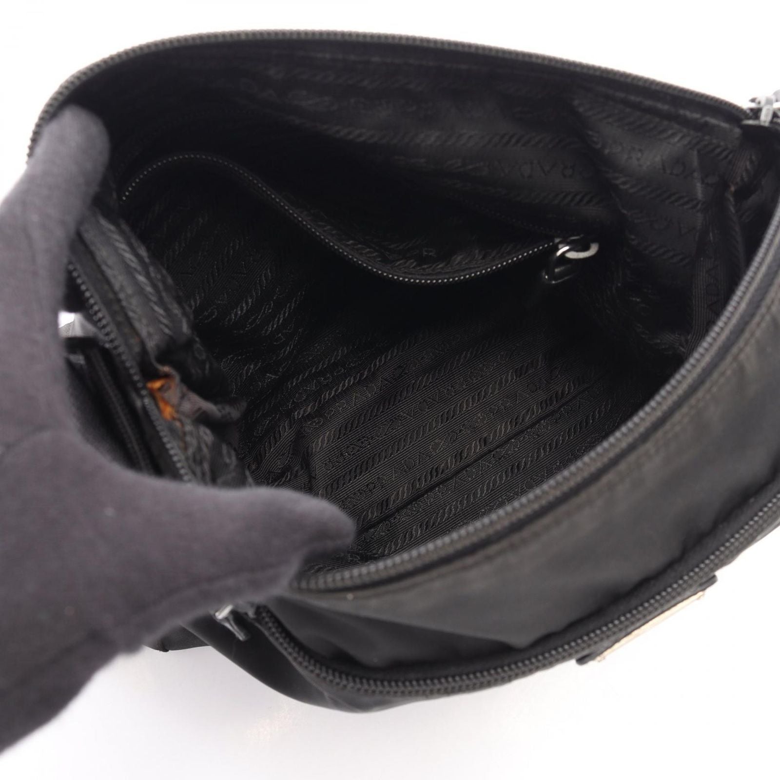 Prada Shoulder Bag Triangle Logo Black Nylon Leather — view 3