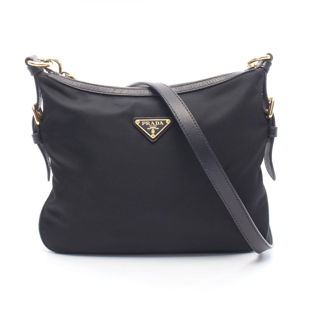 Prada Shoulder Bag Tessuto Saffian Black Nylon Leather Triangle Logo