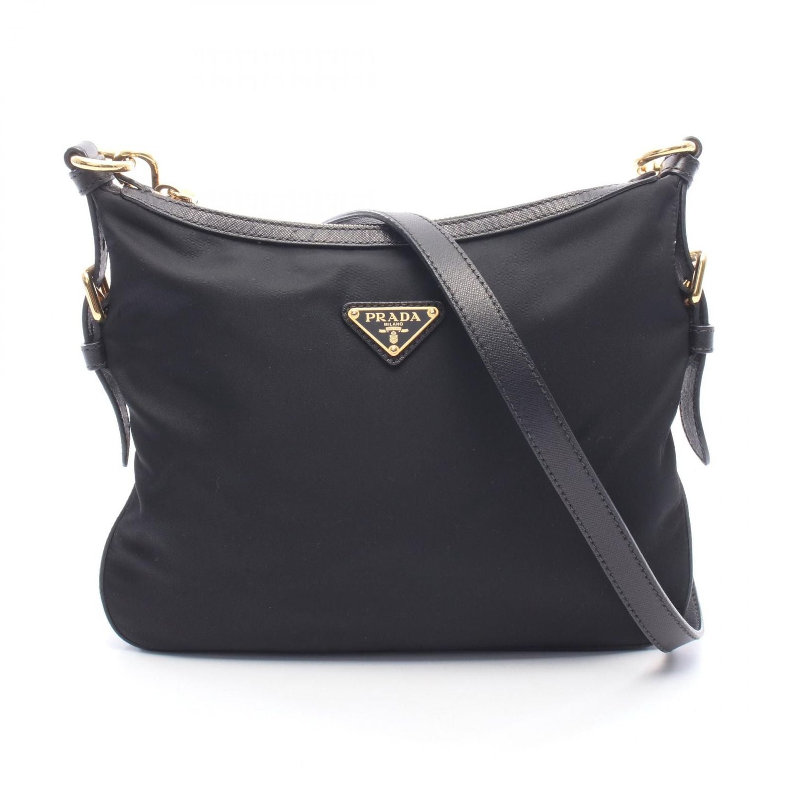 Prada Shoulder Bag Tessuto Saffian Black Nylon Leather Triangle Logo