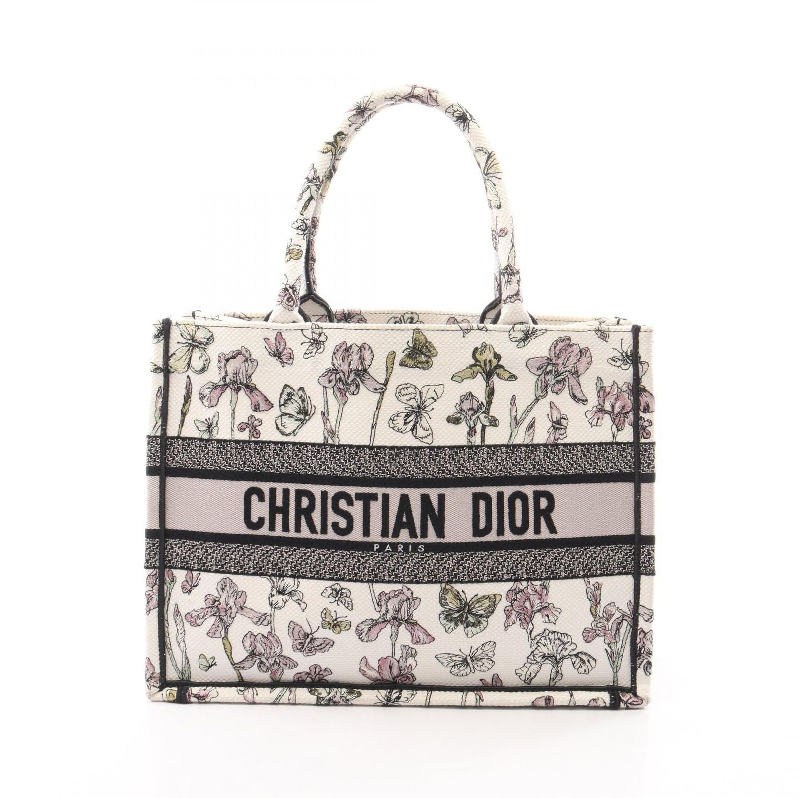 Dior Tote Bag Book White Black Multi Canvas Butterfly & Iris