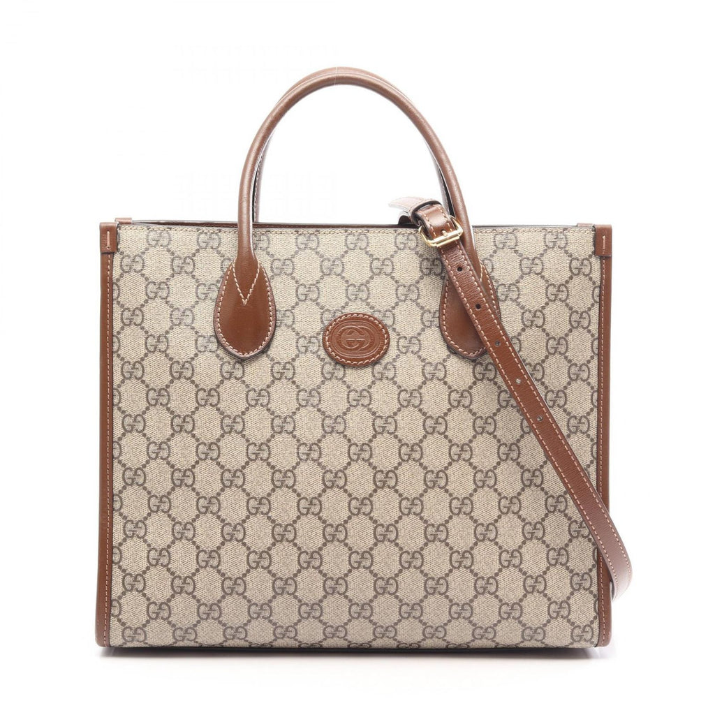 Gucci Tote Bag GG Supreme 2-Way Beige Brown Canvas Leather Small
