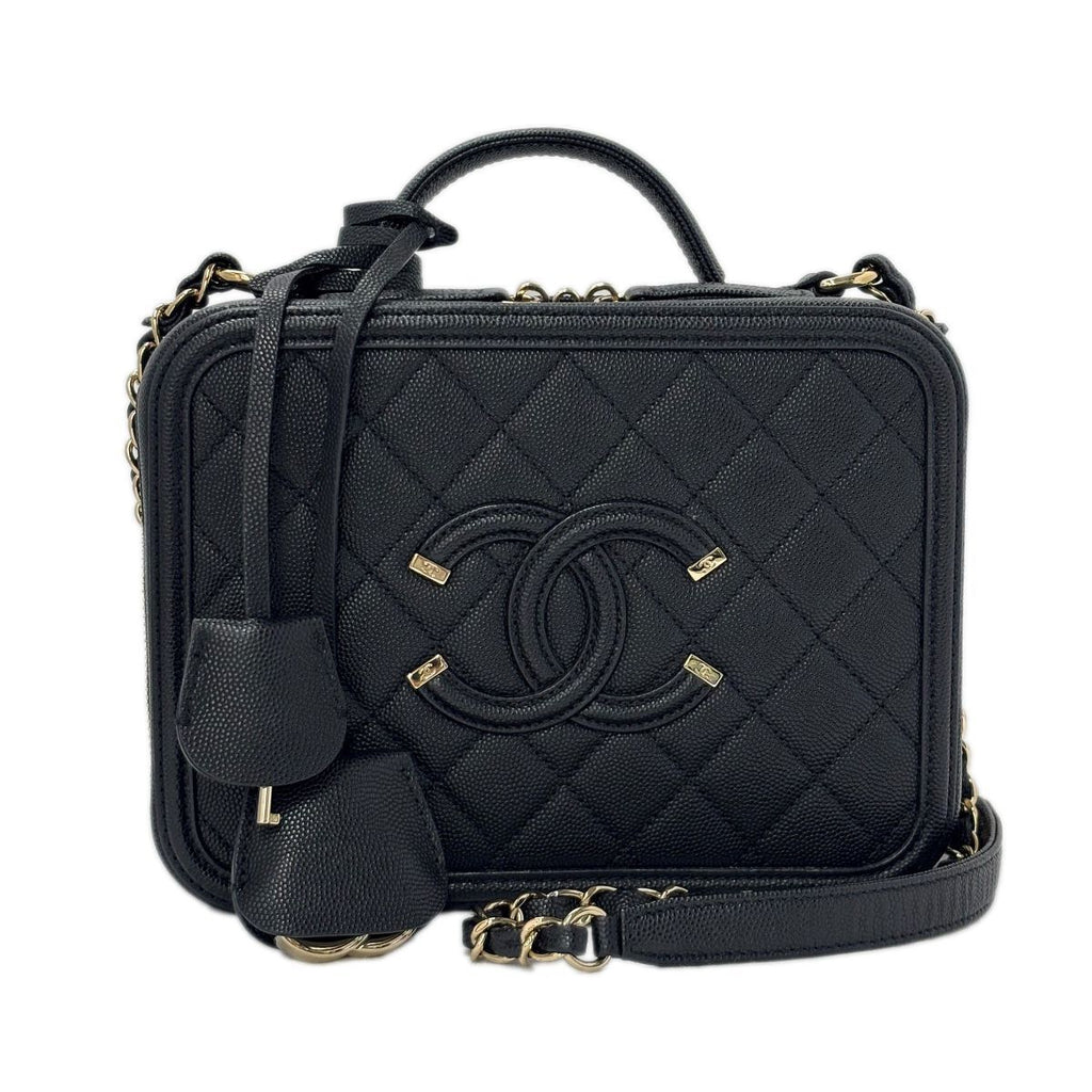 Chanel Bag CC Filigree Vanity Case 2-Way Chain Shoulder Black Champagne Gold