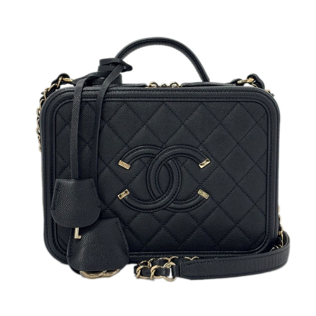 Chanel Bag CC Filigree Vanity Case 2-Way Chain Shoulder Black Champagne Gold