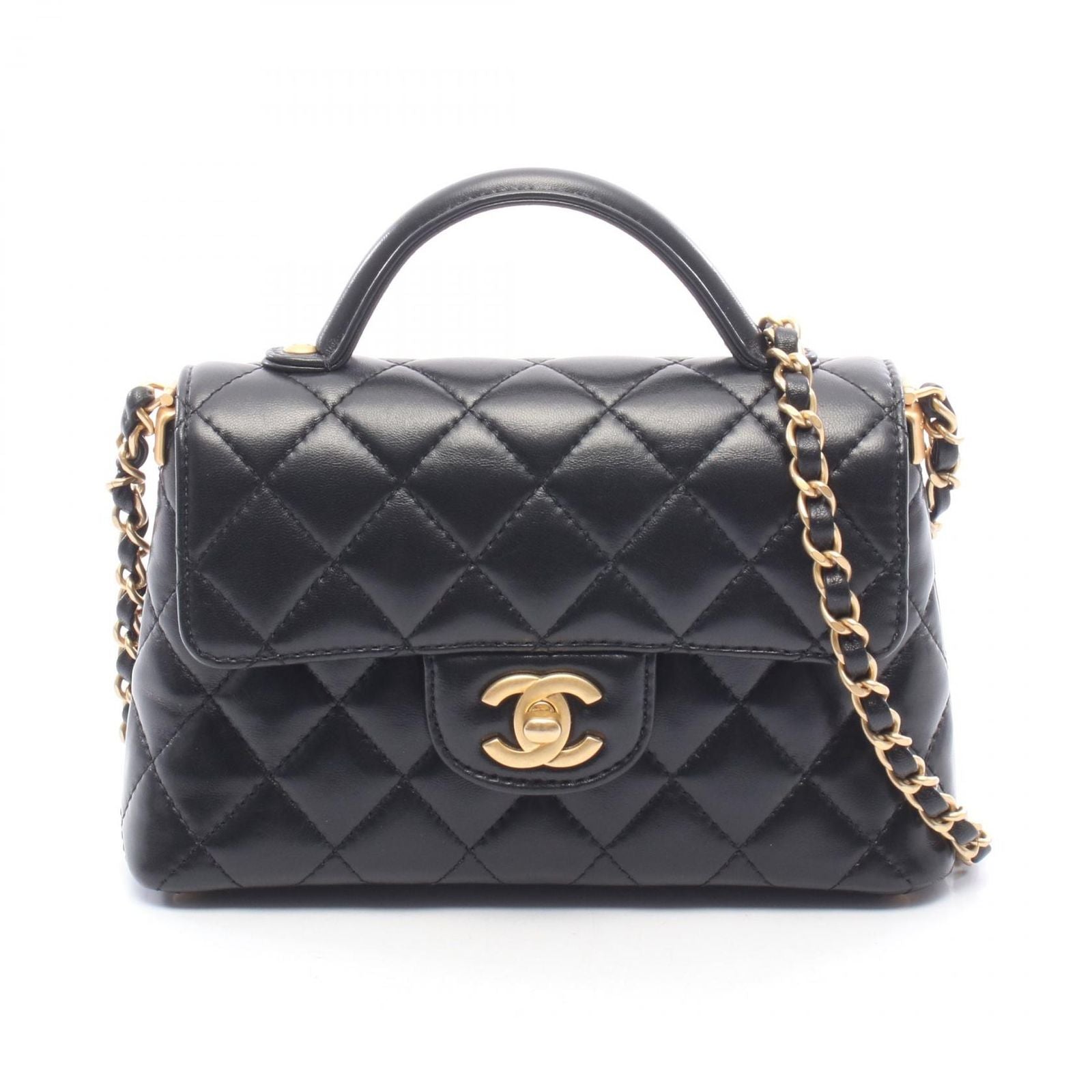 Chanel Shoulder Bag Quilted Top Handle Small Flap 2-Way Black Leather