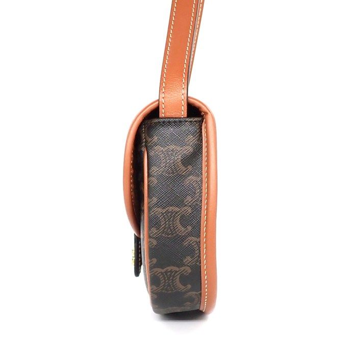 Celine Shoulder Bag Besace Mini Tan Triomphe Canvas Calfskin Gold — view 3