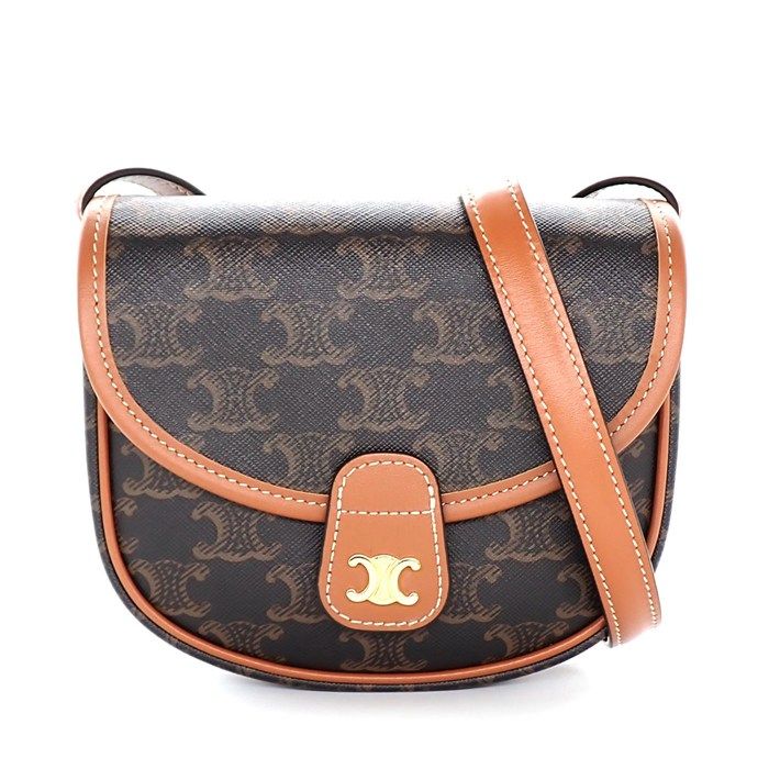 Celine Shoulder Bag Besace Mini Tan Triomphe Canvas Calfskin Gold