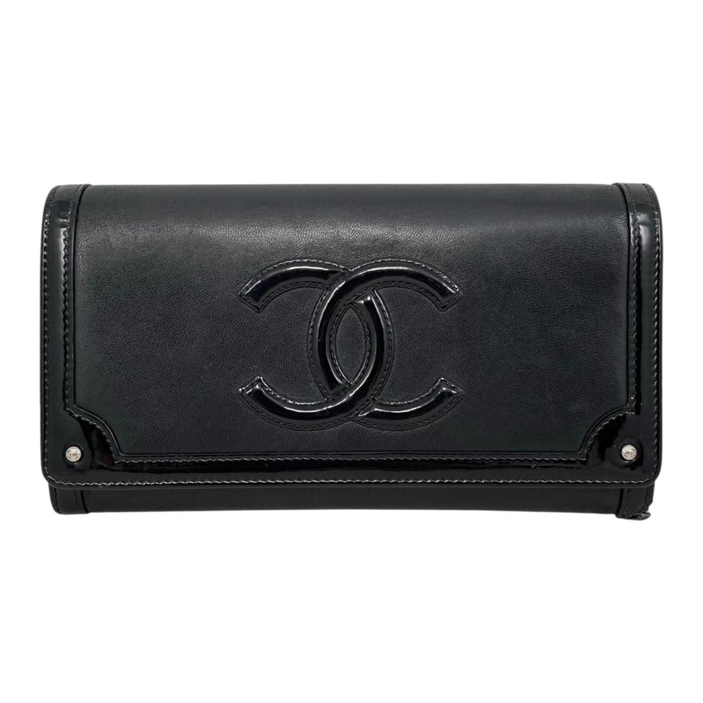 Chanel Bifold Wallet Patent CC Logo Leather Black Silver