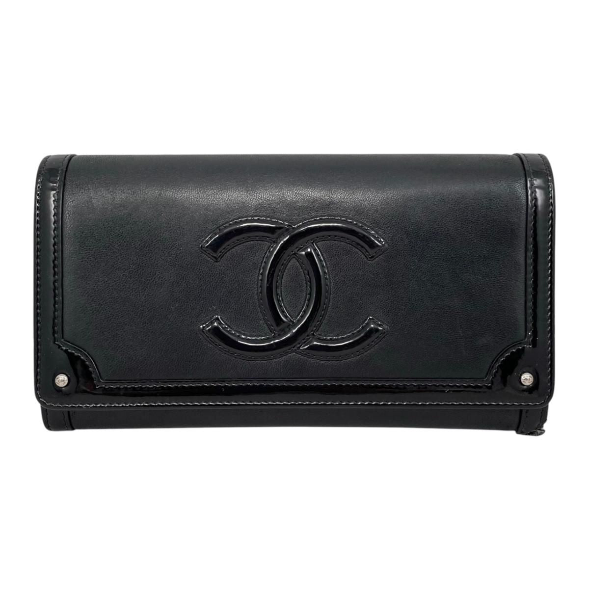 Chanel Bifold Wallet Patent CC Logo Leather Black Silver