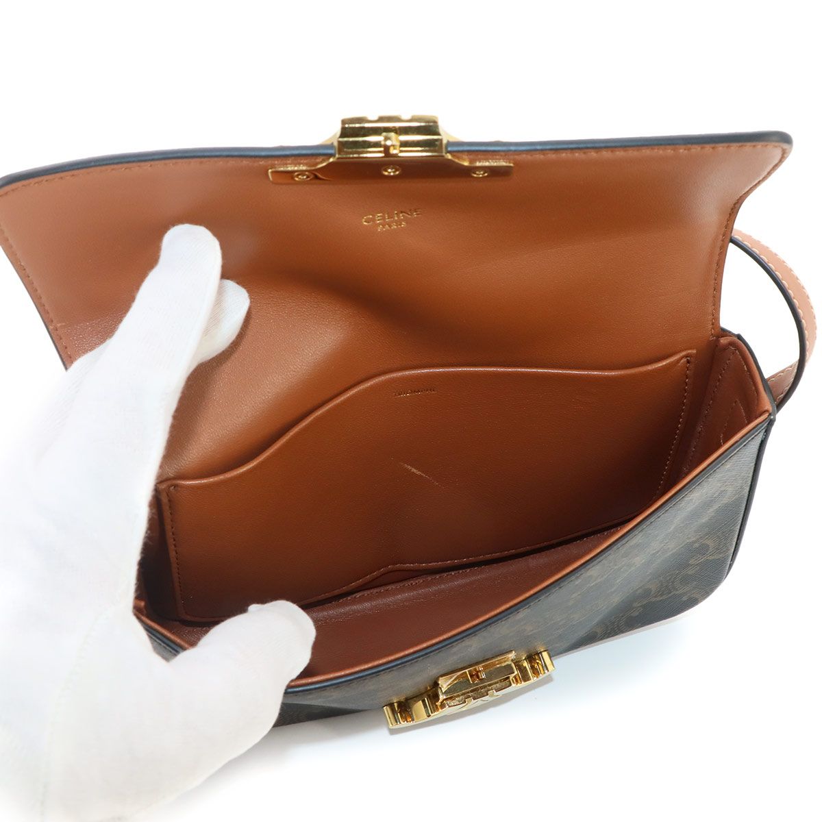 Celine Triomphe Claude Shoulder Bag Leather Tan Black Brown — view 7