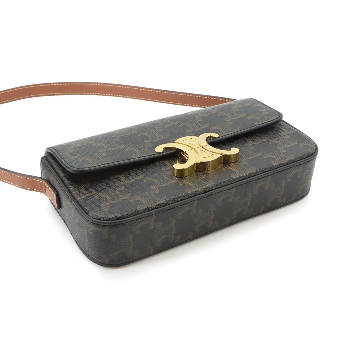 Celine Triomphe Claude Shoulder Bag Leather Tan Black Brown — view 5