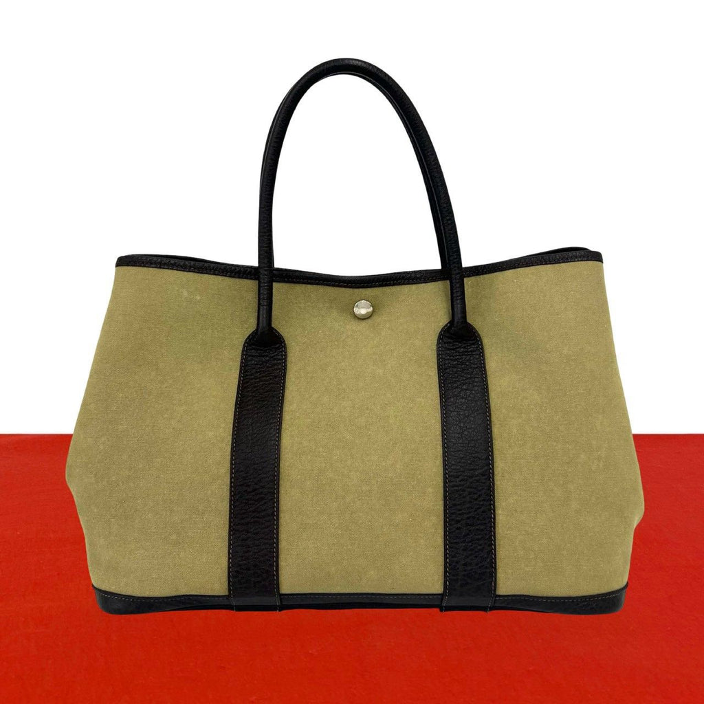 Hermes Garden Party PM Toile Officier Buffalo Leather Tote Handbag Khaki Brown