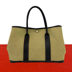 Hermes Garden Party PM Toile Officier Buffalo Leather Tote Handbag Khaki Brown