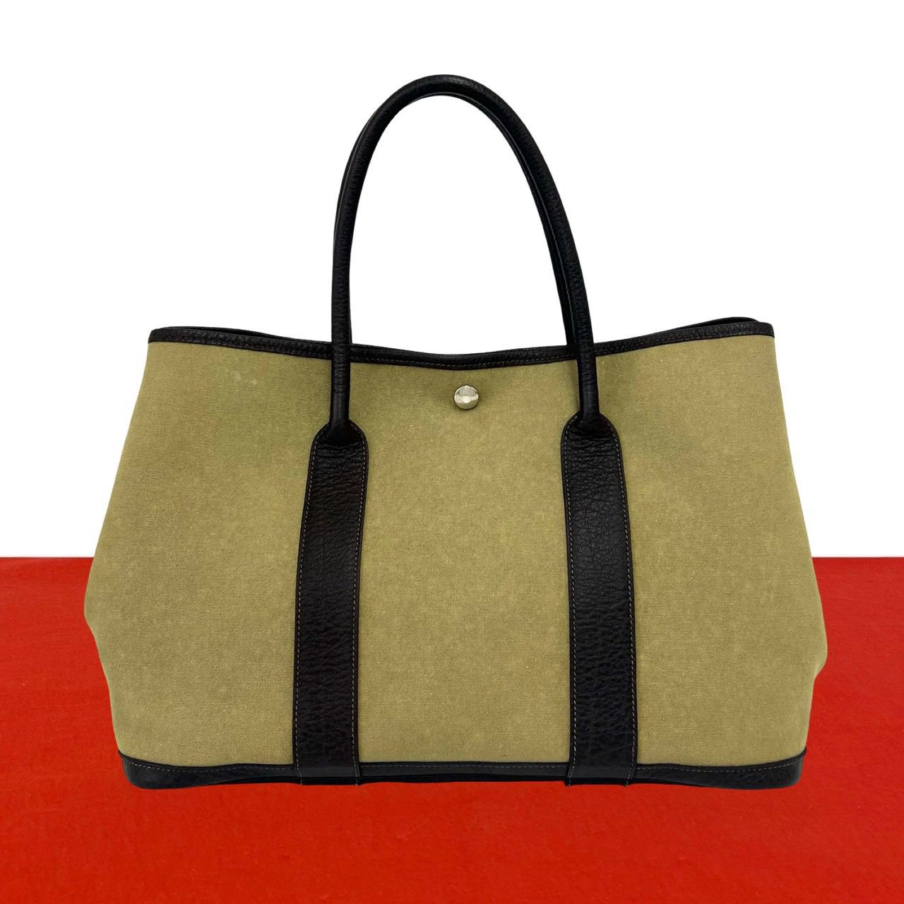 Hermes Garden Party PM Toile Officier Buffalo Leather Tote Handbag Khaki Brown