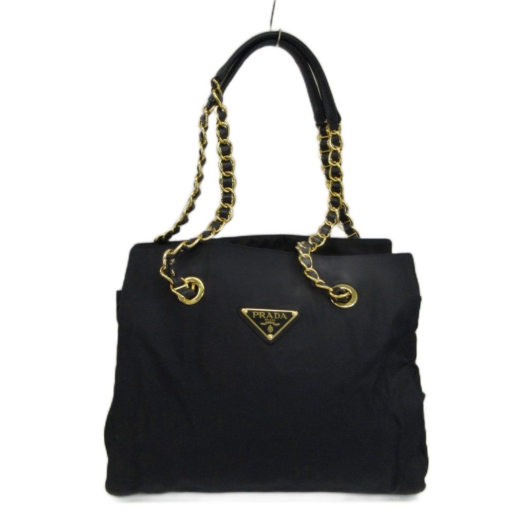 Prada Tote Bag Chain Shoulder Nylon Leather Gold